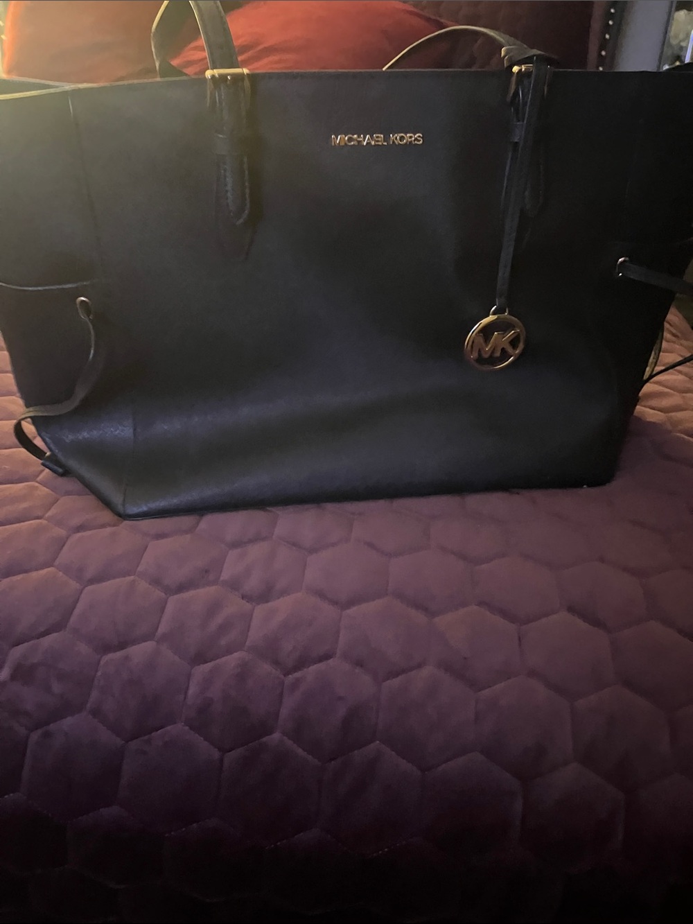 Michael Kors Black Leather Tote with Gold MK Charm - Picture 5 of 5